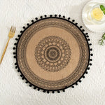 serviettes table boho chic beige noir motifs géométriques franges tissu lin opaques rondes