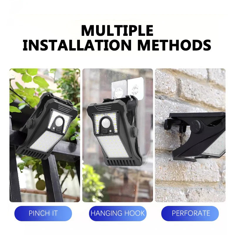 lampe solaire led extérieure étanche détecteur mouvement clip mural noire moderne robuste perforations contrôle
