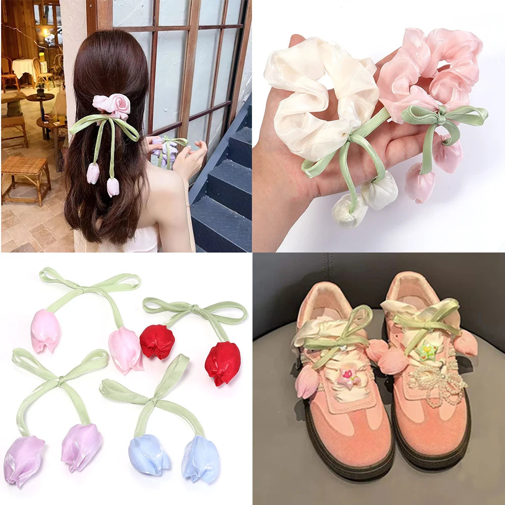 Décoration intérieure tulipes artificielles 3D fleurs polyester accessoires cheveux élastiques vert rose blanc