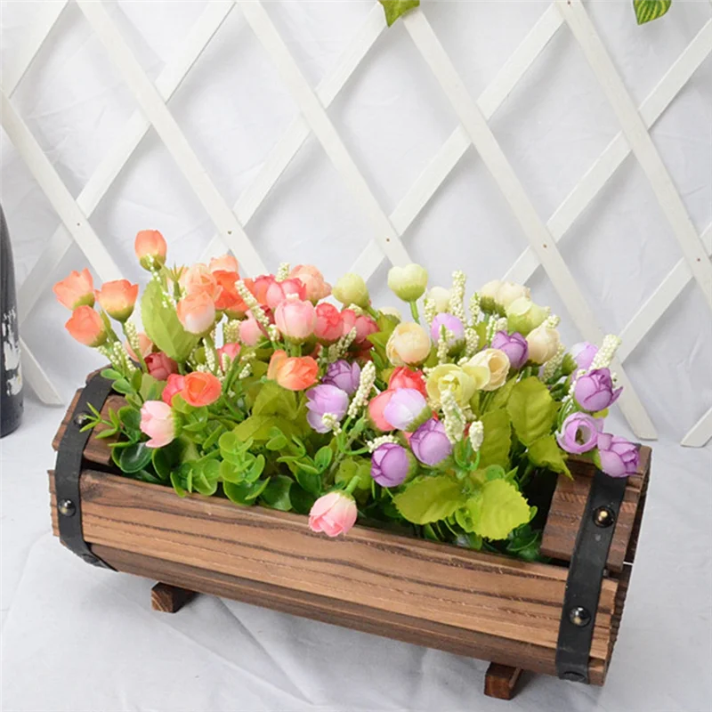 pots fleurs bois marron noir bandes rustique fleurs artificielles feuillage stabilisés
