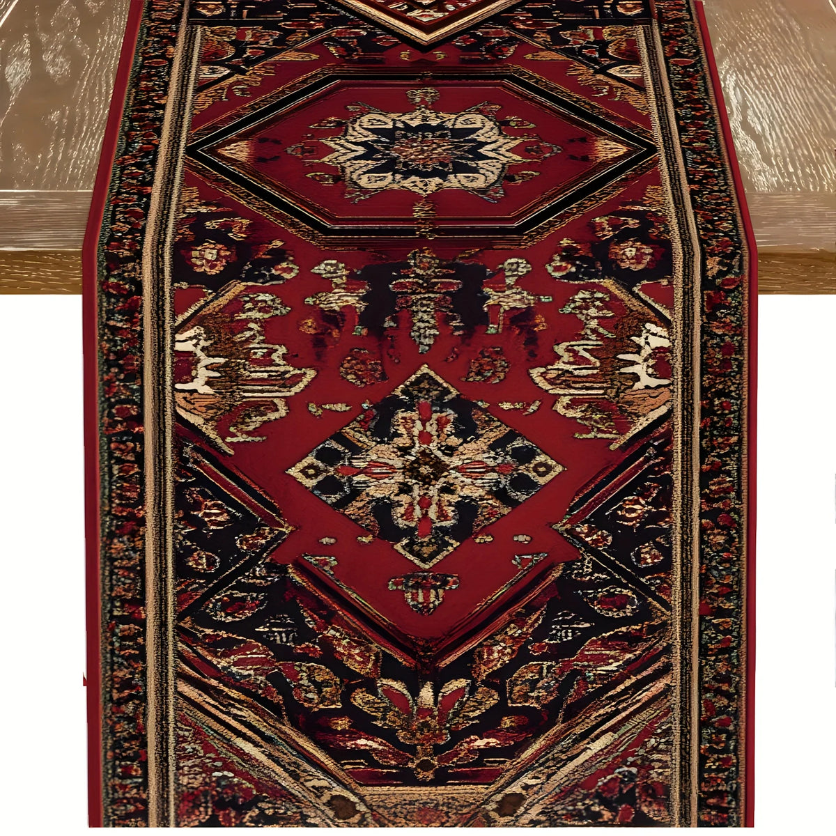 nappe décorative géométrique traditionnelle rouge noir or polyester tapis table moderne oriental vintage