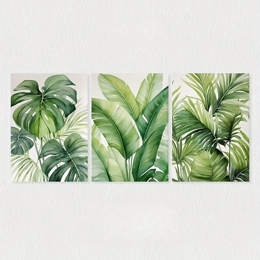 toiles impression feuilles tropicales modernes naturelles vertes blanches cadre bois chambre salon decoration
