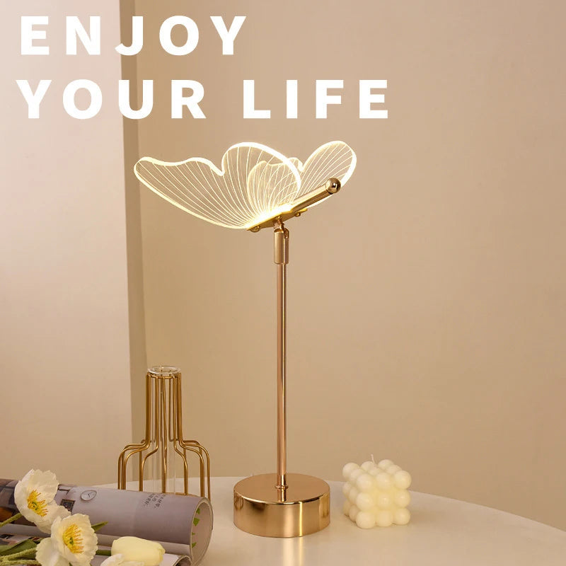 lampe table moderne papillon led or transparent décoration chambre veilleuse usb minimaliste