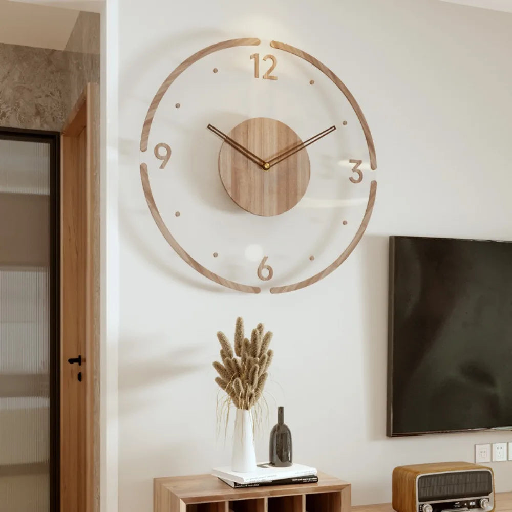 horloge murale moderne bois grainé transparente beige clair minimaliste chiffres fleurs fruits