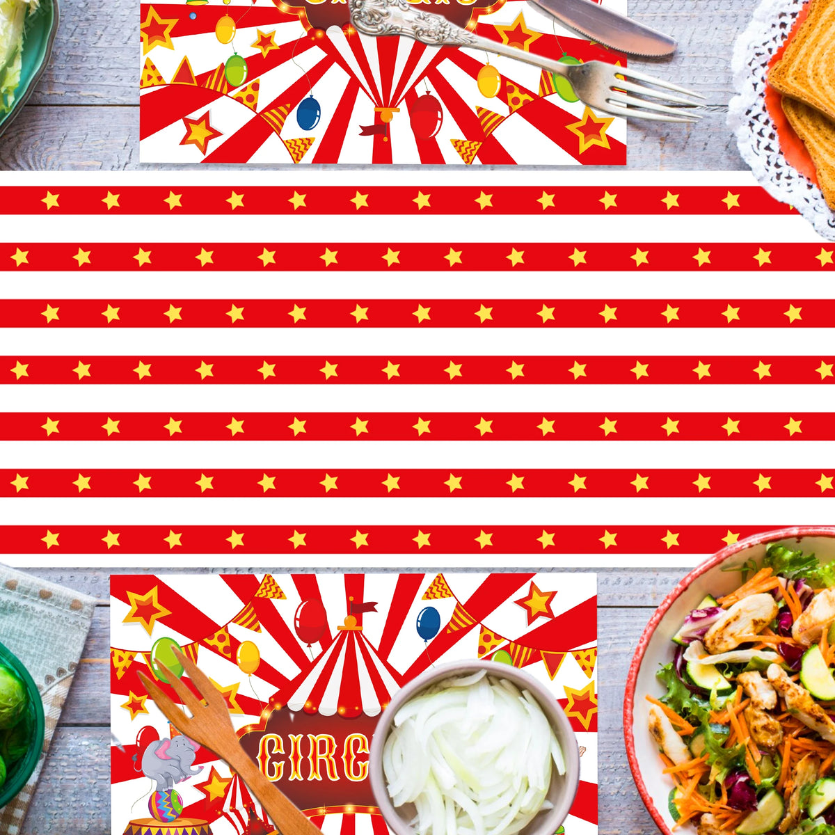 nappes jetables festives rayures rouge blanche étoiles dorées anniversaire carnaval cirque decoration table
