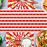 nappes jetables festives rayures rouge blanche étoiles dorées anniversaire carnaval cirque decoration table
