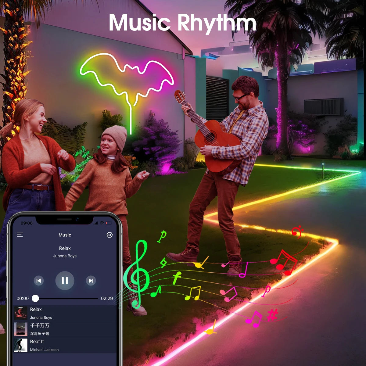 ruban led néon multicolore fluo moderne télécommande usb application mobile étanche flexible