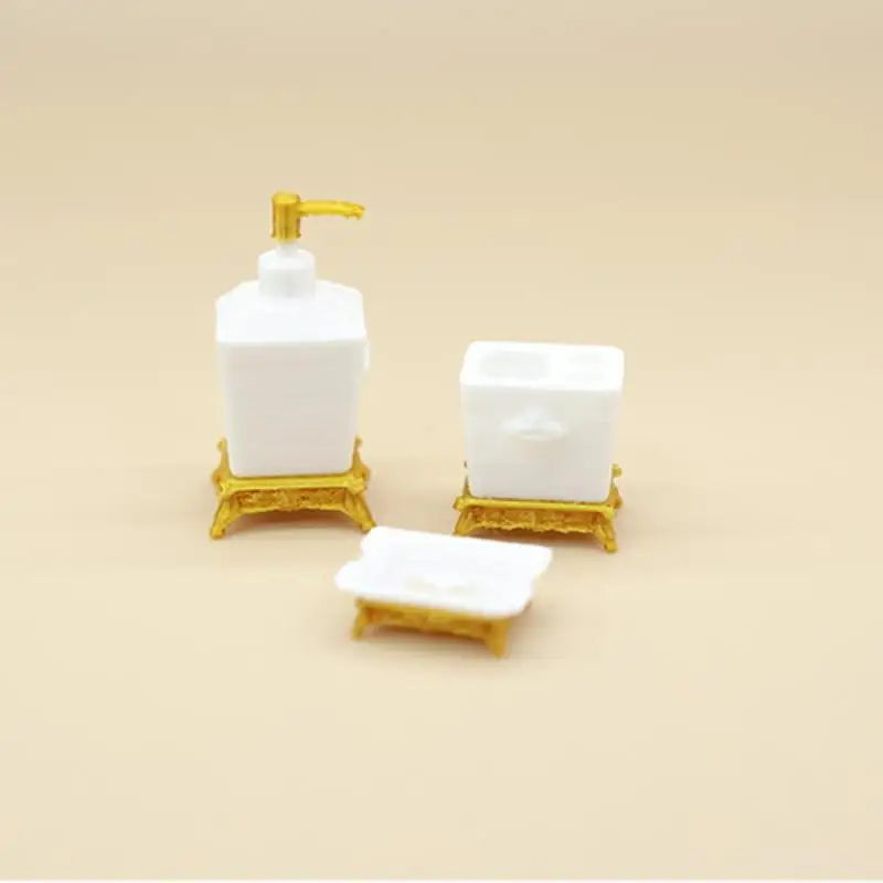 set toilette miniature blanc doré texture marbrée classique porte savon pompe savon accessoire poupée