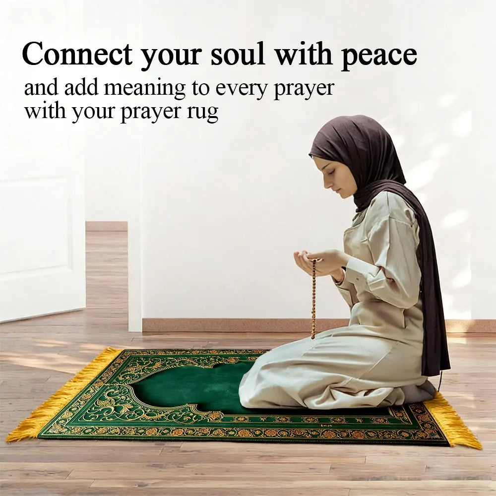 tapis prière vert or ornements floraux traditionnel usage multiple voyage intérieur