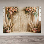 décoration murale bohème mariage macramé pampas fleurs herbes sèches rose poudré vert