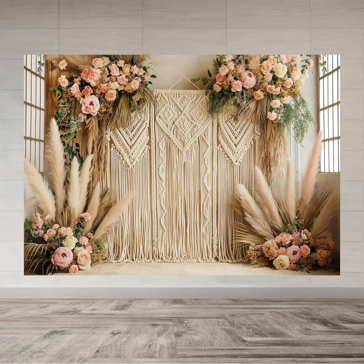 décoration murale bohème mariage macramé pampas fleurs herbes sèches rose poudré vert