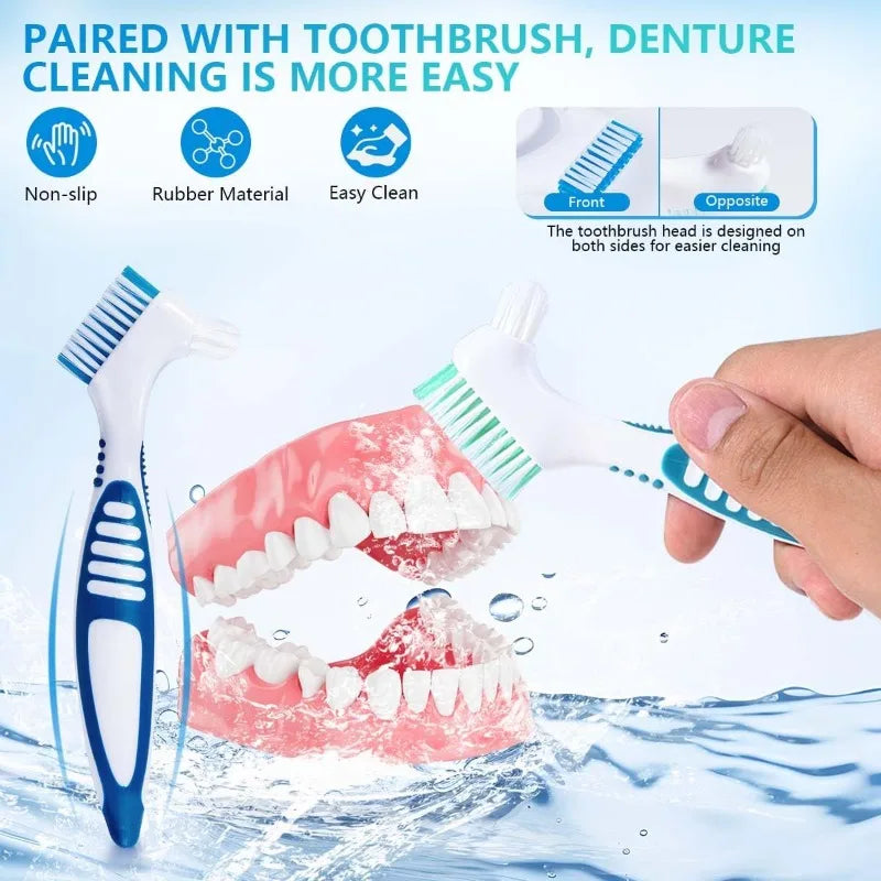brosse dents conteneur prothèse dentaire bleu blanc moderne pratique hygiène buccale set accessoire santé