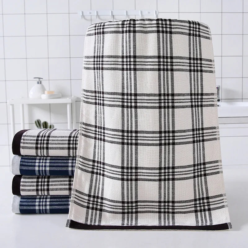 serviette bain coton carreaux bleu blanc rapide absorption 34x76cm minimaliste moderne