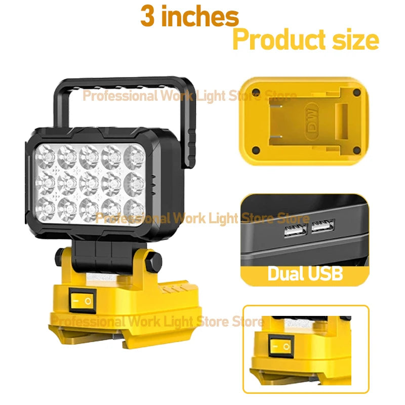 lampe travail led jaune moderne robuste interrupteur luminosité port usb poignée transport sans fil