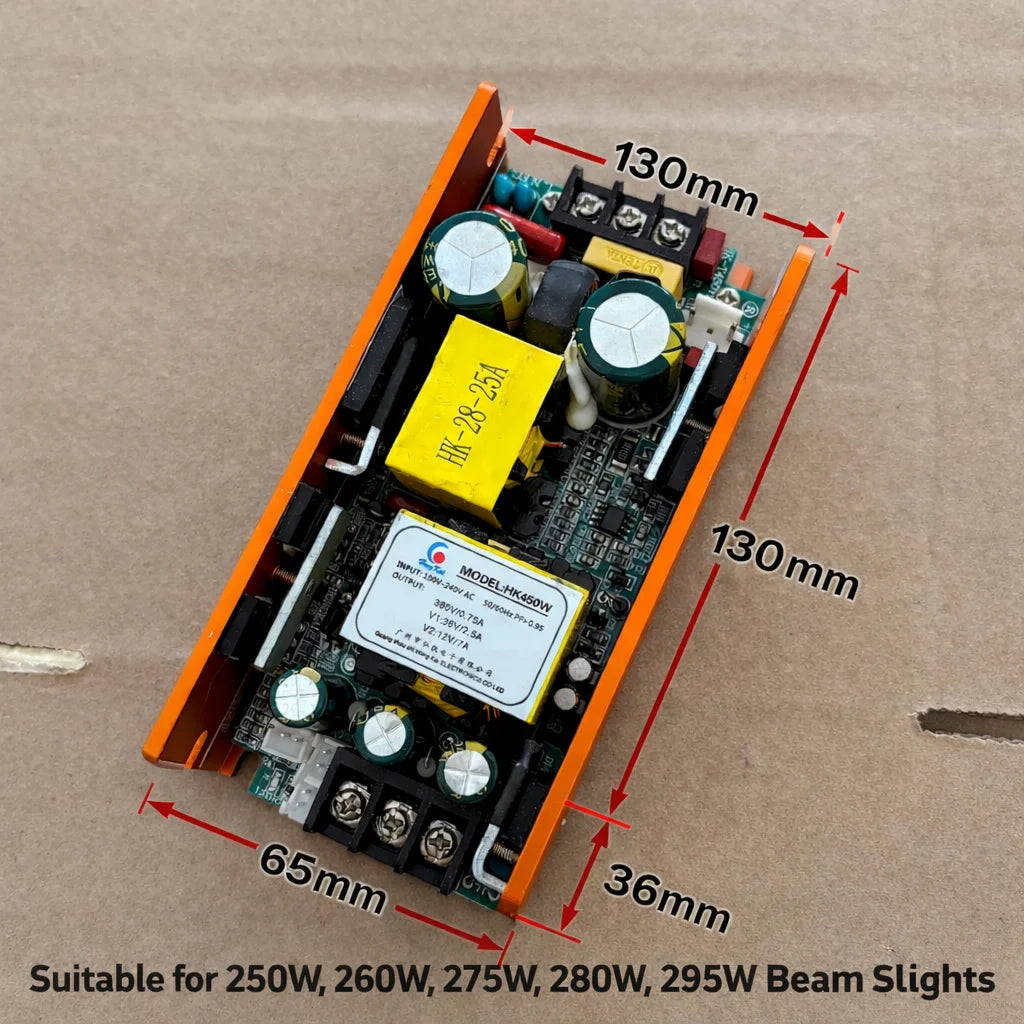transformateurs alimentation projecteurs scène lampes faisceau mobiles circuits imprimés condensateurs bobines orangers grisés jaunes