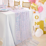 nappe festive séquins irisés transparent violet rose turquoise blanc anniversaire décoration scintillante assiettes gobelets