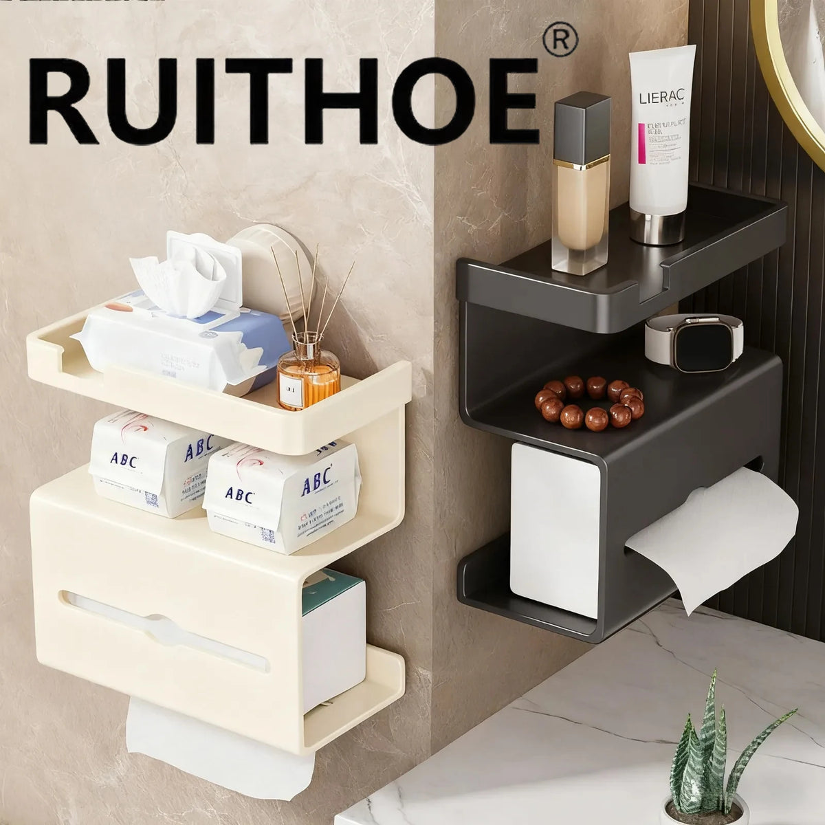porte rouleau papier toilette mural adhésif moderne minimaliste beige gris mouchoirs cosmétiques bijoux téléphone