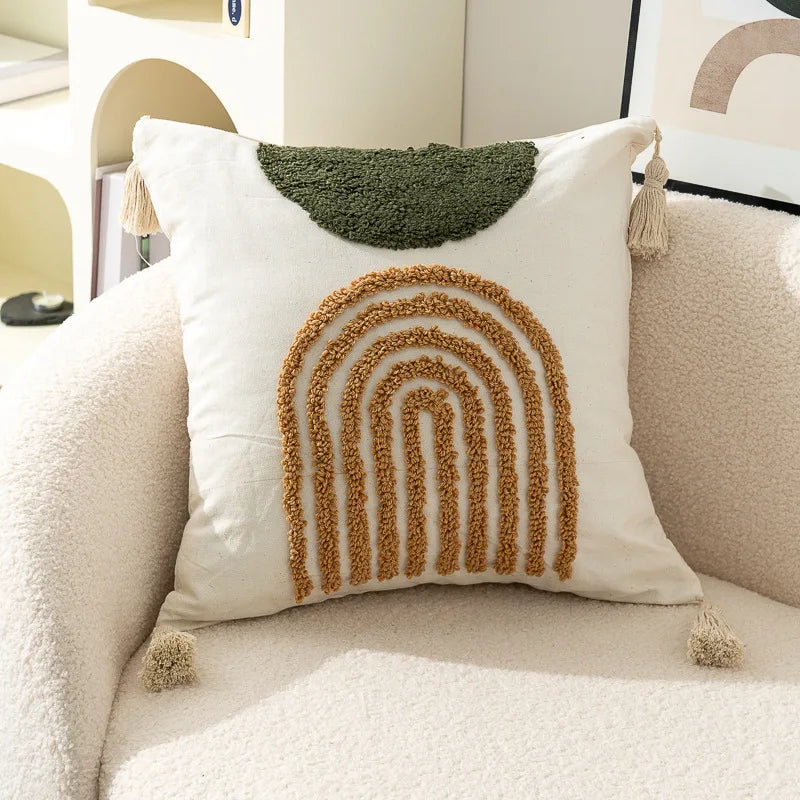 taies d'oreiller carrées 45x45cm moderne motifs géométriques blanc marron vert bleu beige tasseaux