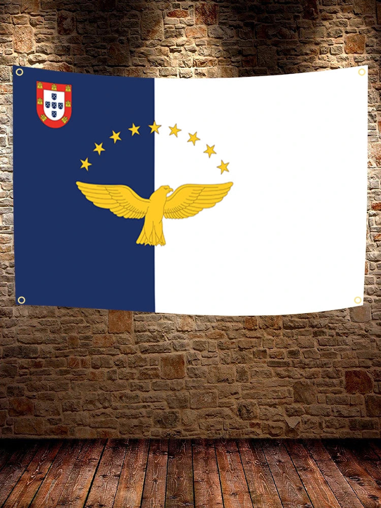 drapeau azores portugal bleu marine blanc doré eagle étoiles blason super tex polyester décoration