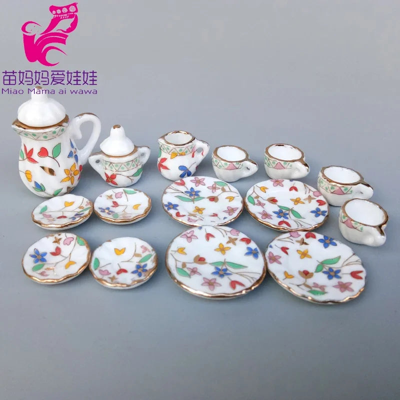 service thé miniature blanc doré rose bleu vert fleurs classique tasse théière soucoupe assiette