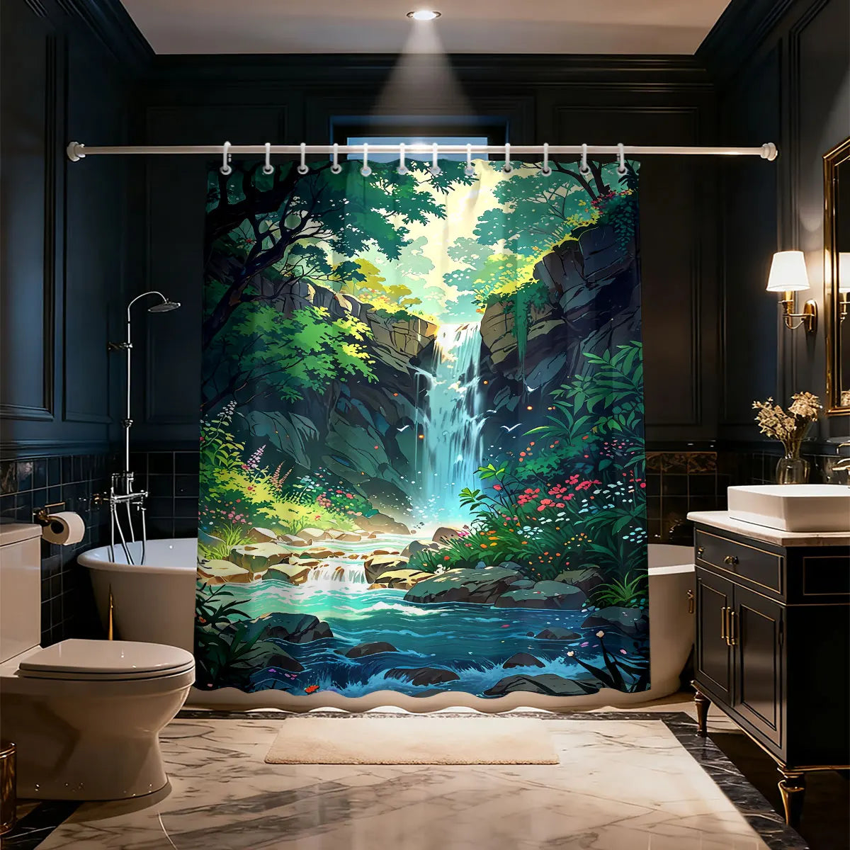 rideau douche moderne paysage cascade arbres fleurs opacité vert bleu blanc rouge jaune noir