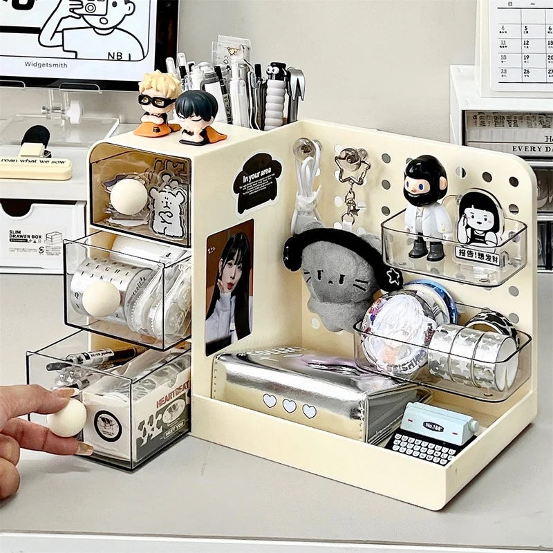 boîte rangement multifonction beige points noirs moderne imperméable plastique transparent figurine sac stylo marqueur