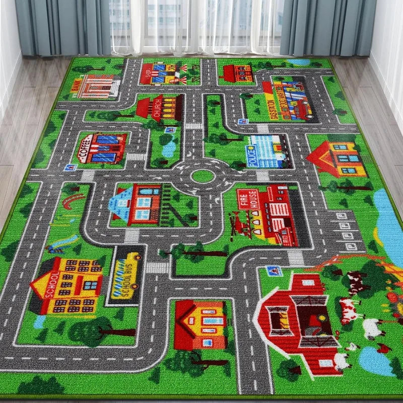 tapis urbain enfant voitures routes arbres polyester polypropylène moderne vert jaune rouge noir 160cm