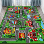 tapis urbain enfant voitures routes arbres polyester polypropylène moderne vert jaune rouge noir 160cm