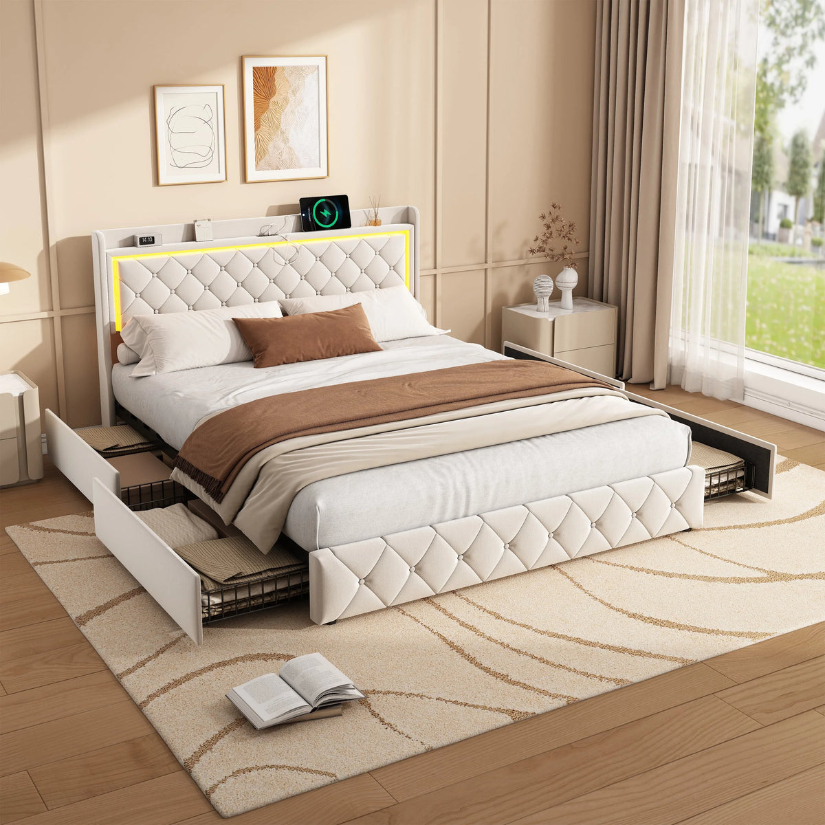 Tête de lit rembourrée en velours beige avec compartiments de rangement