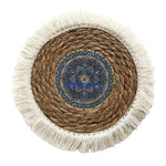 assiettes paille naturel beige vert clair tissage traditionnel franges blanches rustique boho chic