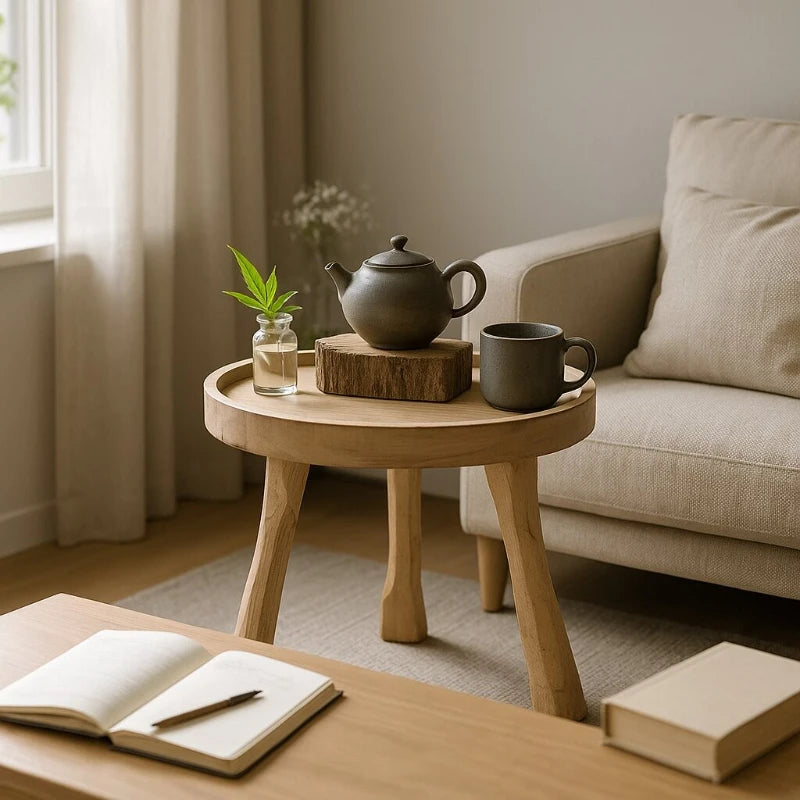 support plantes vintage bois clair table ronde minimaliste pots fleurs vert blanc rustic zen