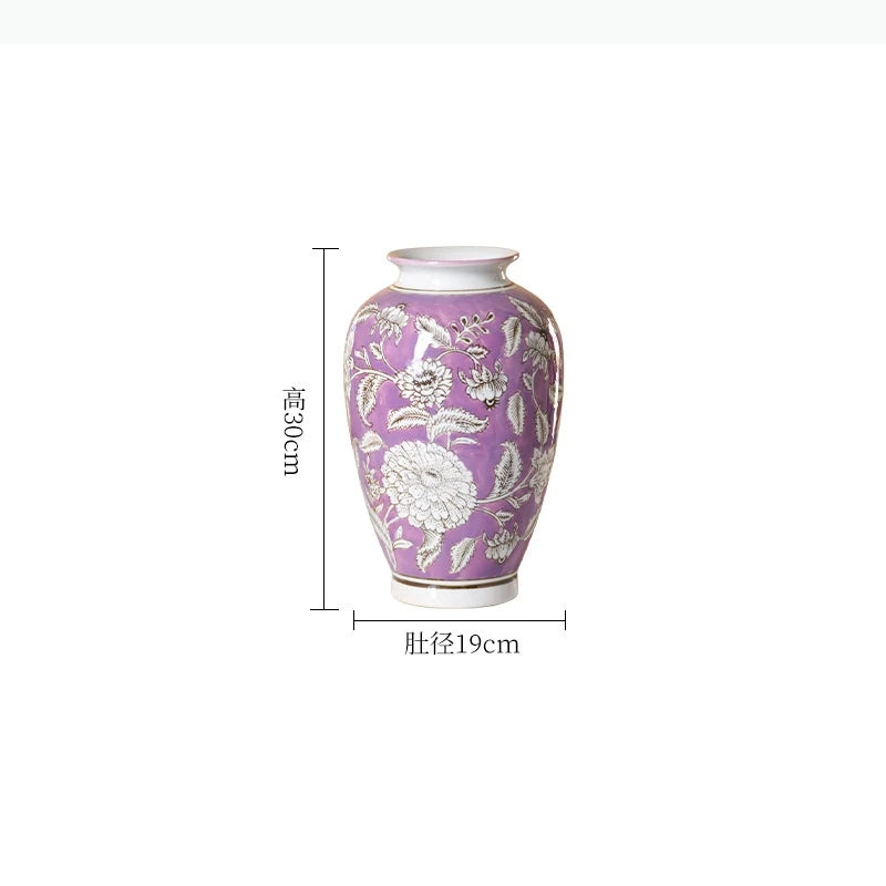 vases chinois classiques violet blanc motifs fleurs vertes opaques arrangement