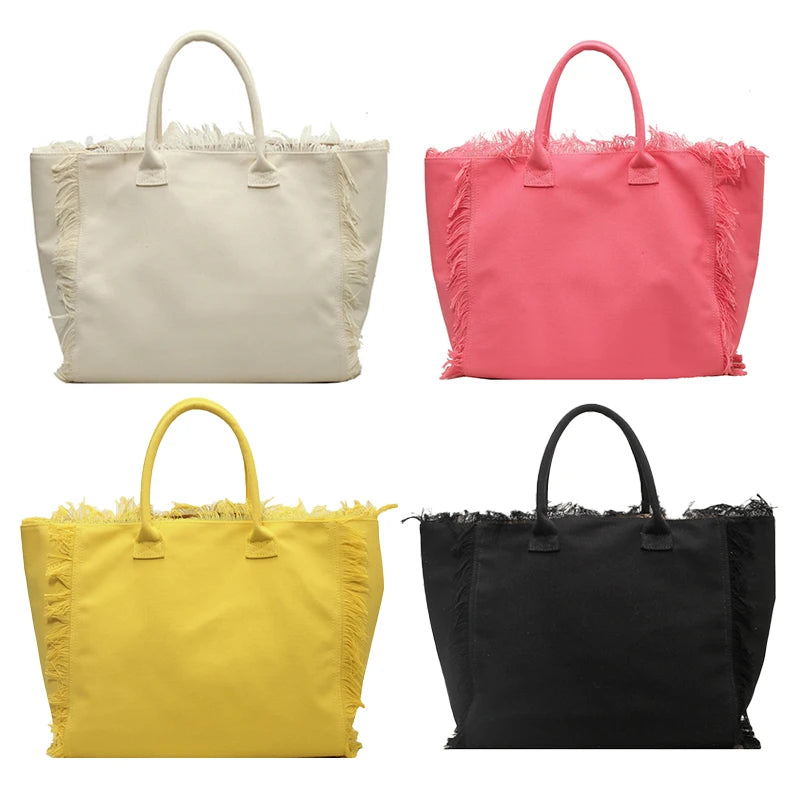 sac main moderne franges poignées détachables toile réutilisable blanc rose jaune noir