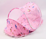 lit parapluie bébé ballons motifs franges transparent filet bleu rose matelas oreiller