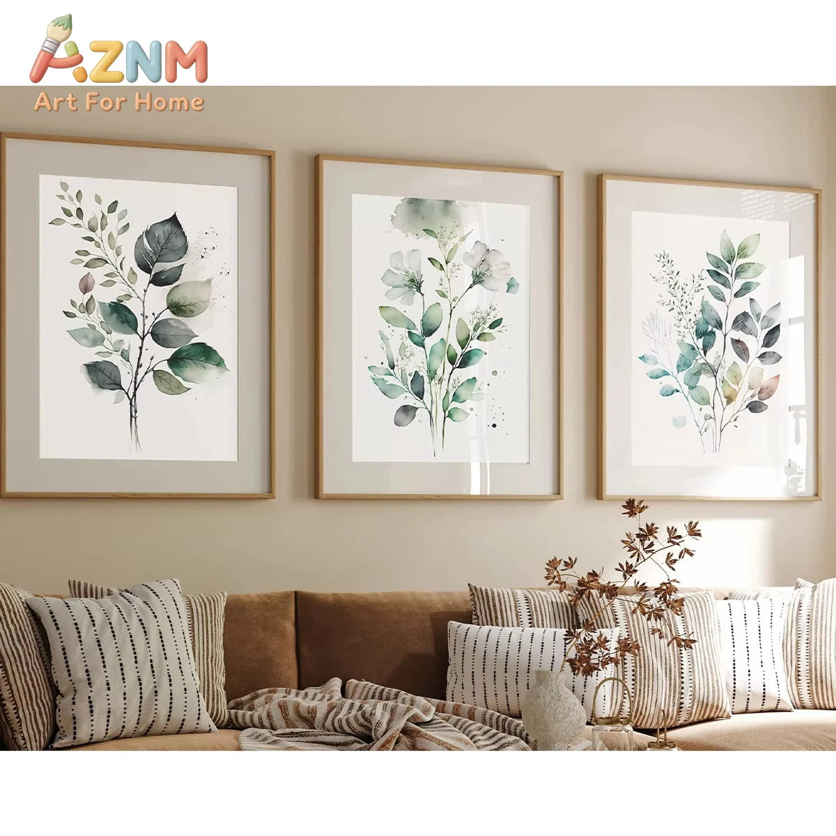 affiches art abstrait moderne feuilles eucalyptus vert gris blanc salon décoration minimaliste toile