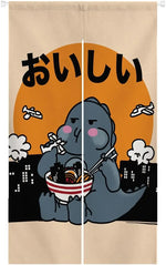 rideau japonais noren monster Godzilla illustration flammes explosion couleurs rouge noir cuisine entrée