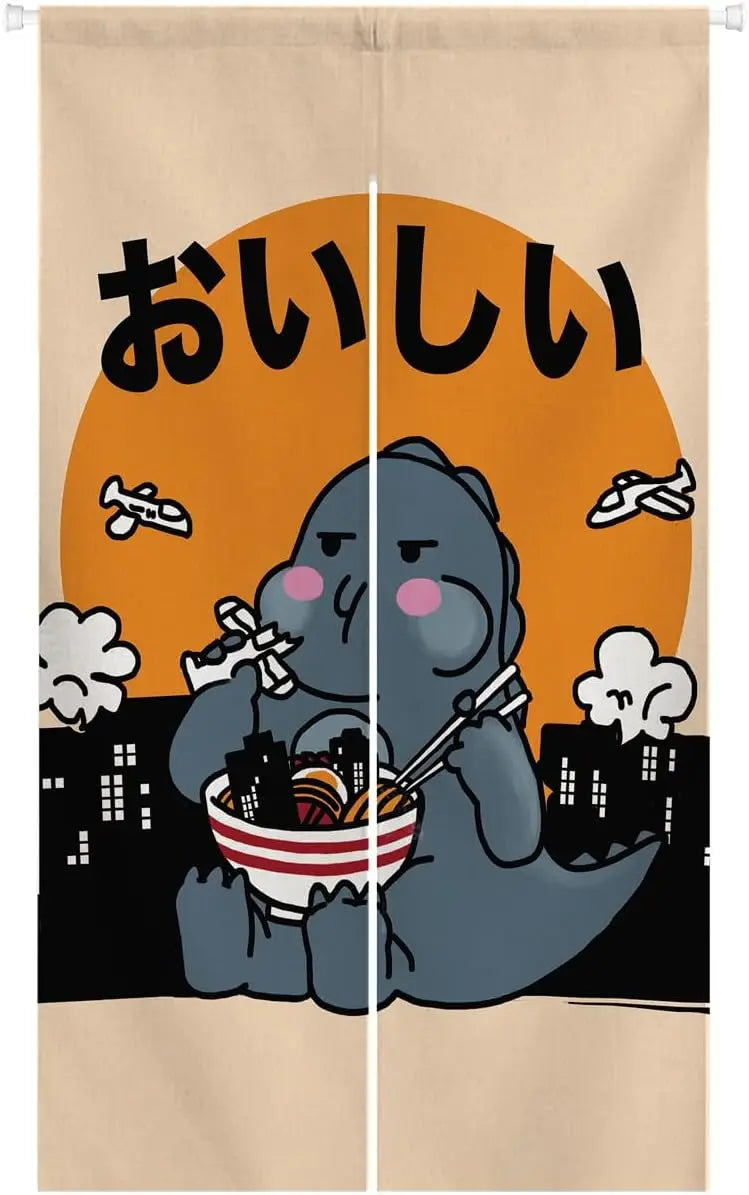 rideau japonais noren monster Godzilla illustration flammes explosion couleurs rouge noir cuisine entrée