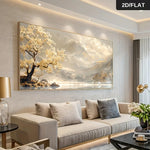 tableau decoratif moderne toile paysage montagneux arbre fleuri texturé beige marron doré blanc grisintérieur