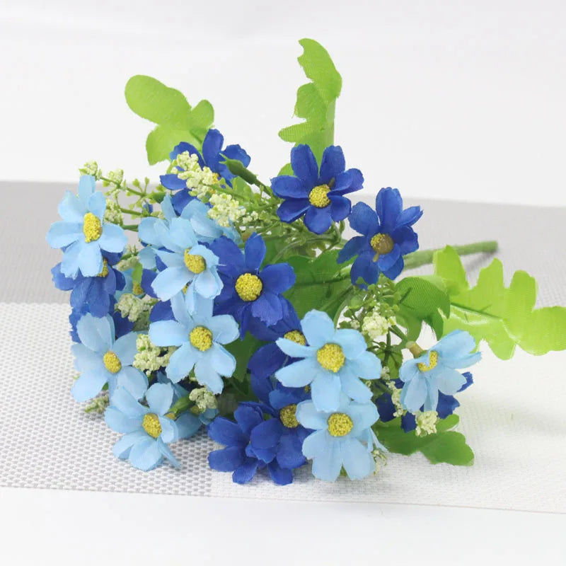 bouquet artificiel violet blanc jaune rouge bleu fleurs soie feuilles vertes moderne décoration maison