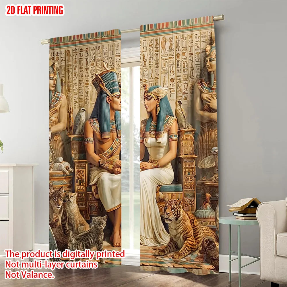 rideaux impression égyptienne antique couple royal hiéroglyphes métalliques polyester beige bleu rouge marron doré