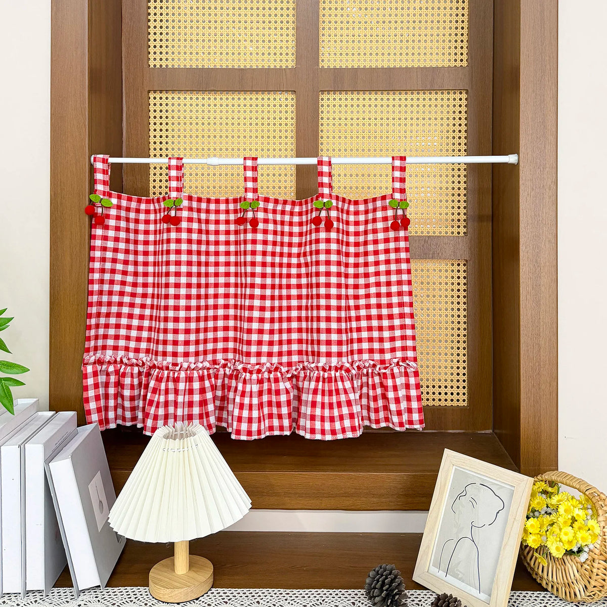 rideau cuisine rouge blanc carreaux vintage opacité fenêtre pastorale 100 polyester