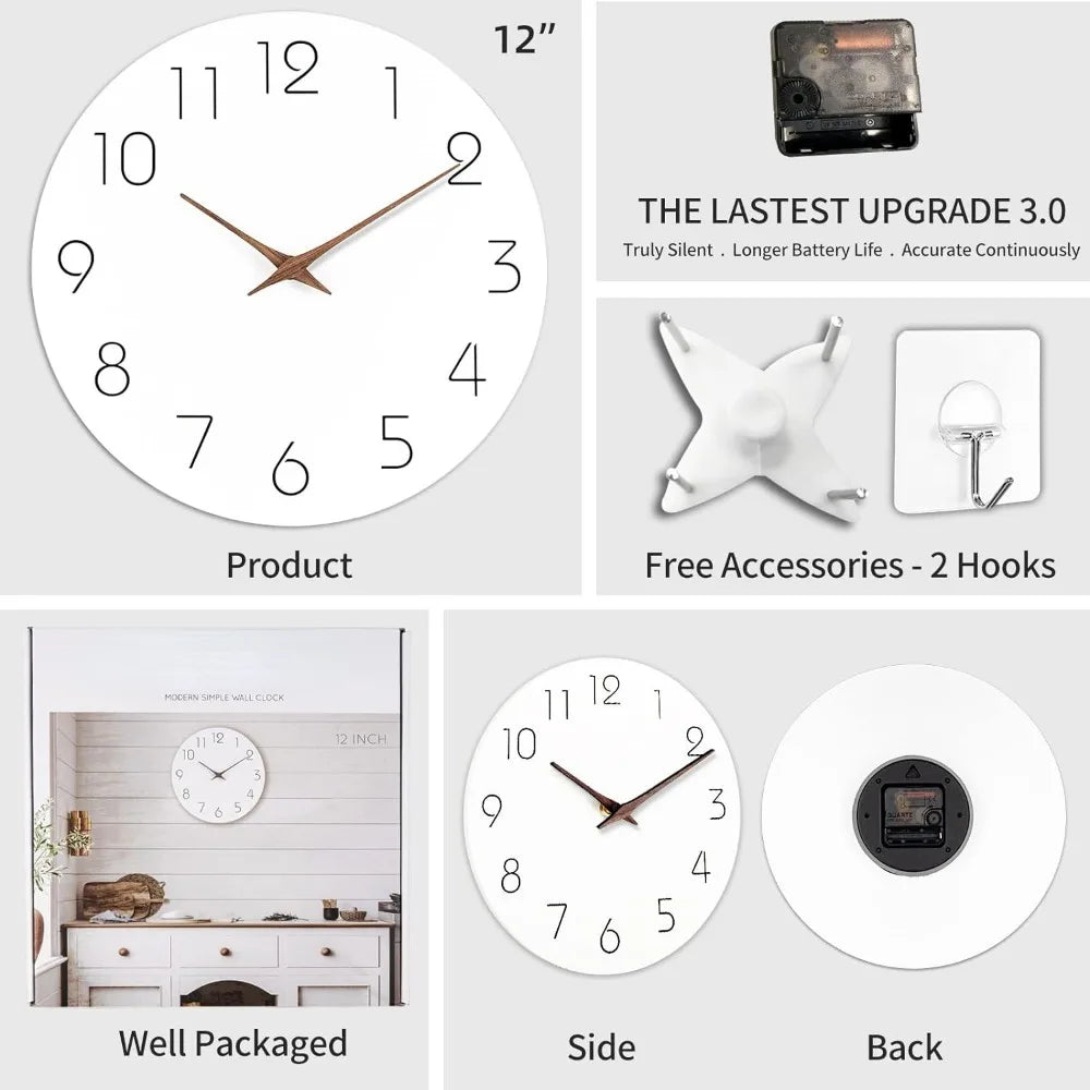 horloge murale bois blanc minimaliste aiguille quartz 305mm salon simple