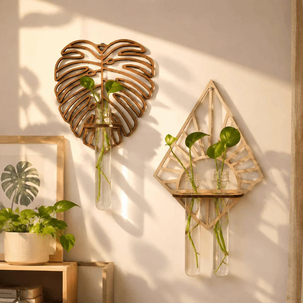 vase mural bois feuille transparent suspendu plante moderne nature inspiration