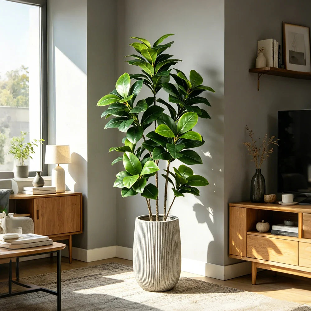 plante artificielle arbuste feuilles vertes décoration intérieure pot blanc contemporain maison vert