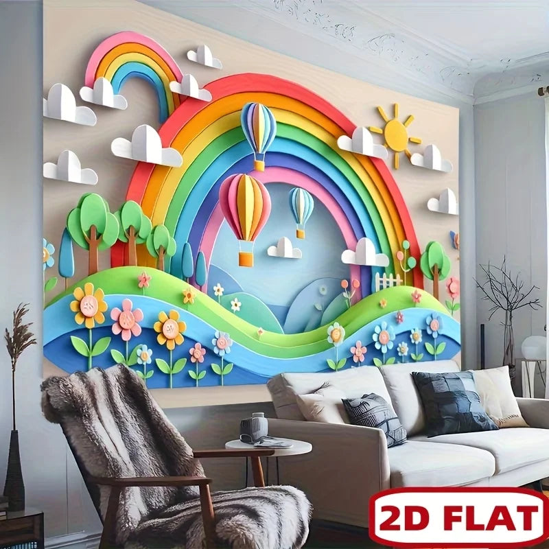 Toile fond décorative arc ciel montgolfières nuages arbres fleurs multicolore chambre enfant décoration murale