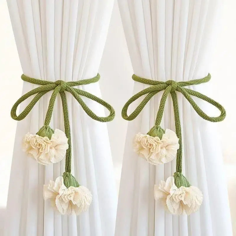 attaches rideaux fleurs tissu coton vert blanc violet orange floral champêtre