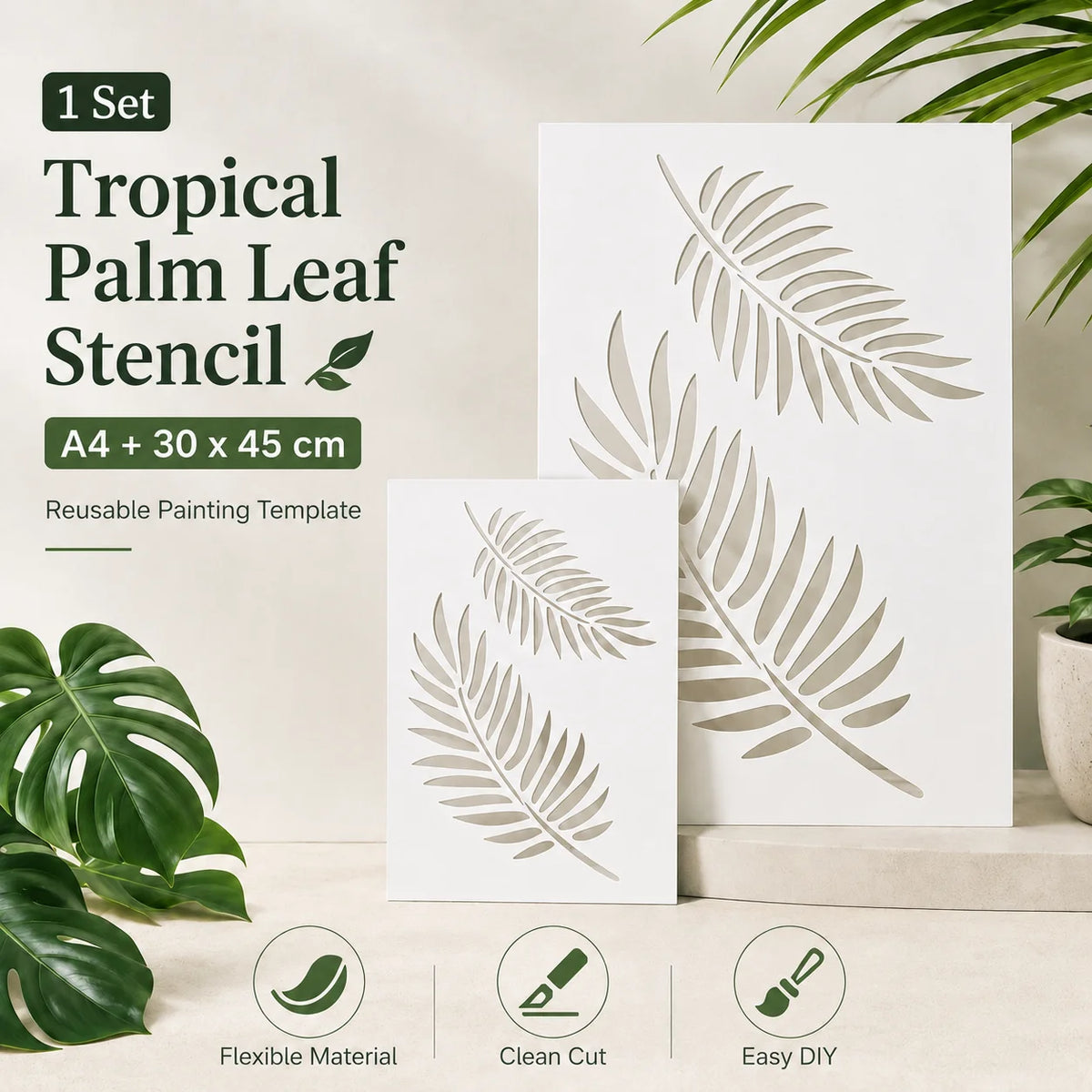 pochoirs stencil feuilles palmier blanc moderne décoration peinture mur toile tissu diy a4 30x45cm