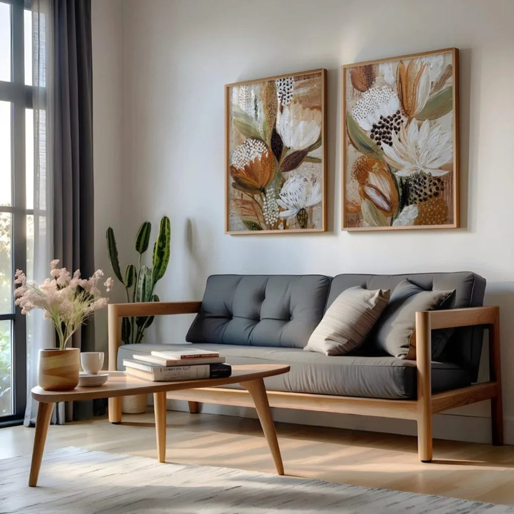 toile d'art abstraite fleurs feuilles moderne minimaliste beige marron blanc vert sans cadre