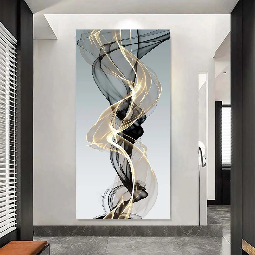 impression toile abstraite moderne vagues fluides noir doré gris clair 40x80 cm 50x100 cm
