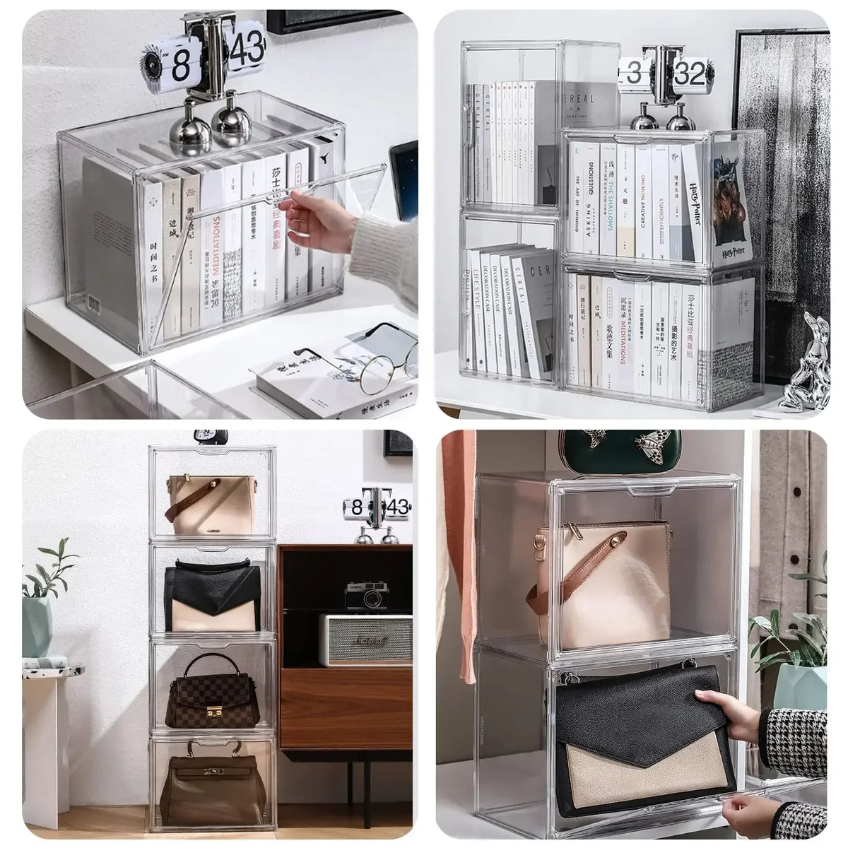 boîtes rangement transparentes modernes minimalistes livres cd magazines figurines decoration 45cm 60cm xl xxl